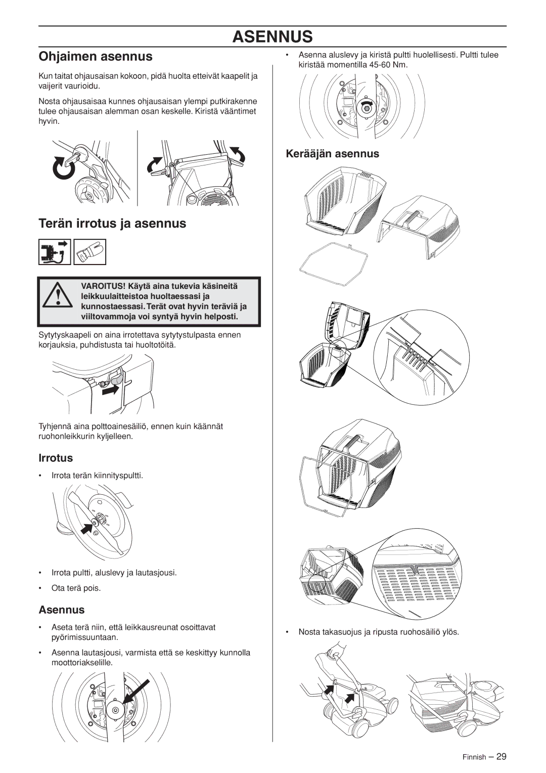 Husqvarna M148 SV, R148 SV manual Asennus, Ohjaimen asennus, Terän irrotus ja asennus 