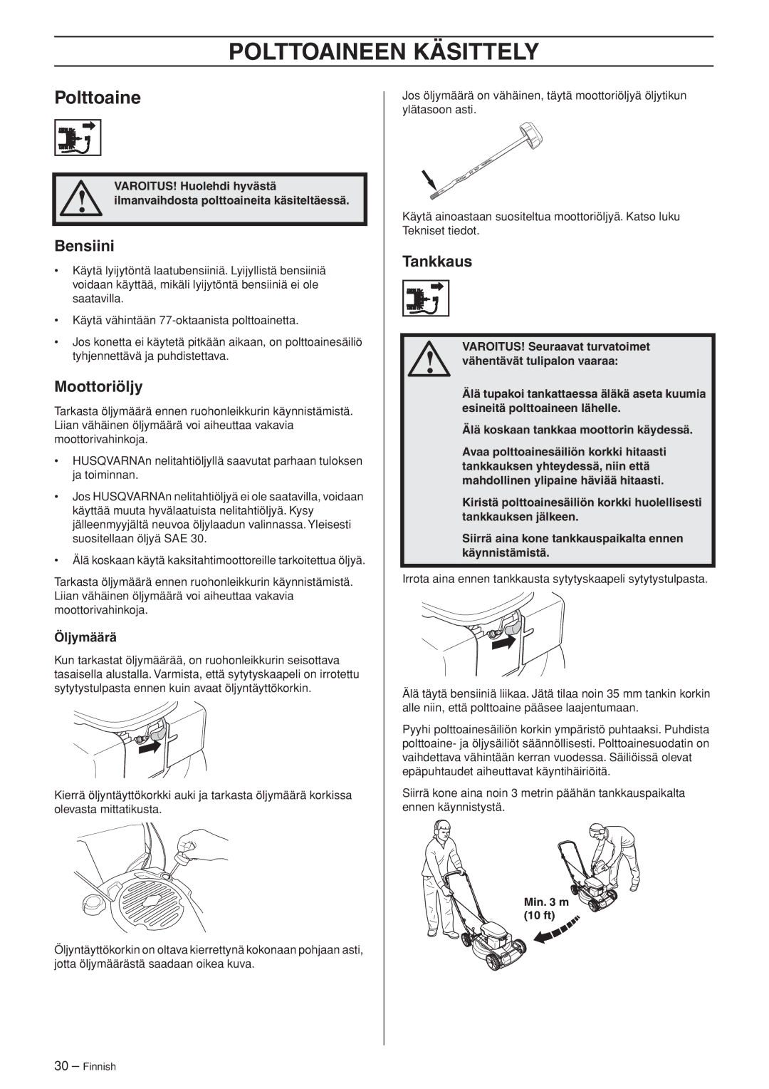 Husqvarna R148 SV, M148 SV manual Polttoaineen Käsittely, Bensiini, Moottoriöljy, Tankkaus 