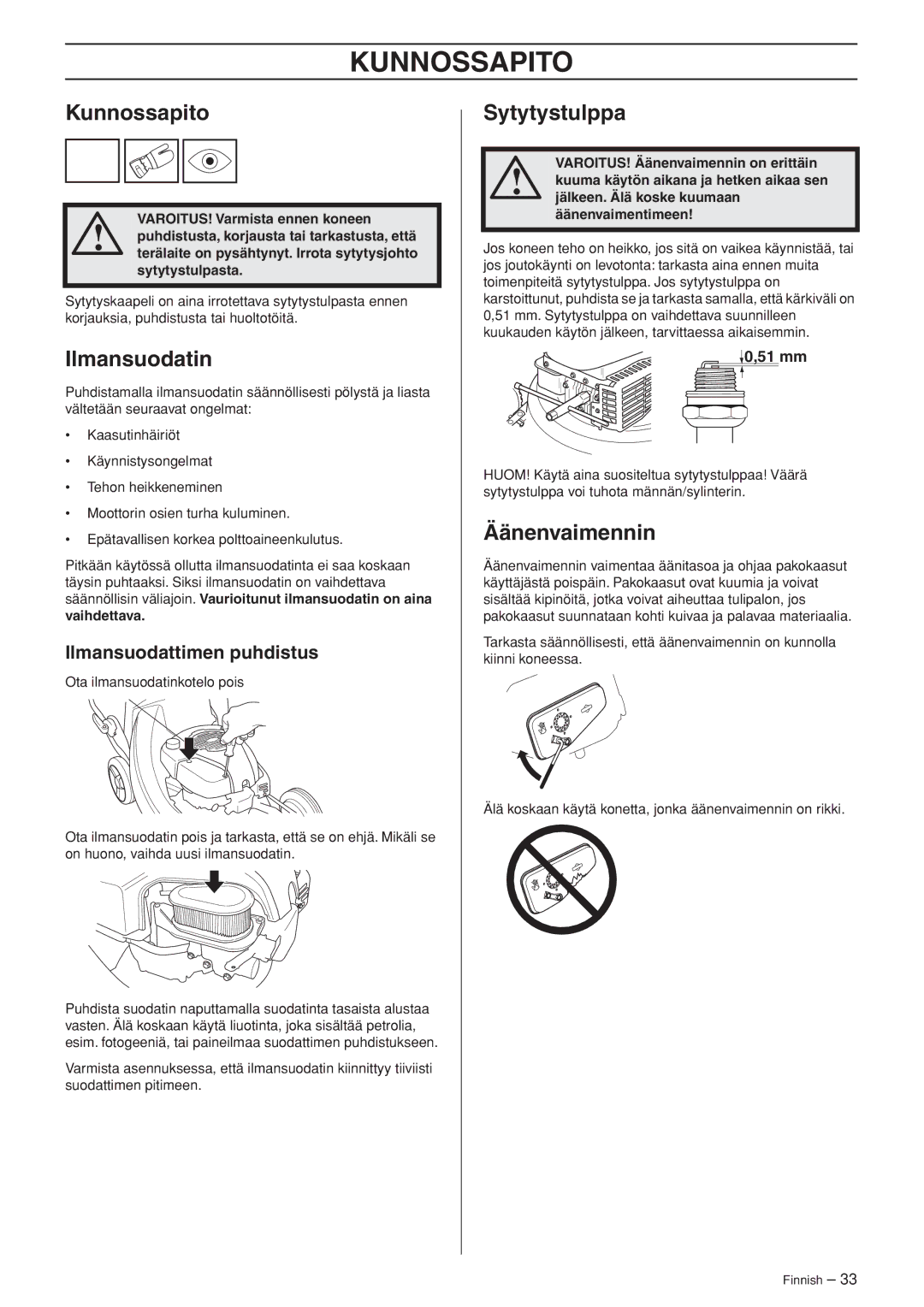 Husqvarna M148 SV, R148 SV manual Kunnossapito, Ilmansuodatin, Sytytystulppa, Äänenvaimennin 