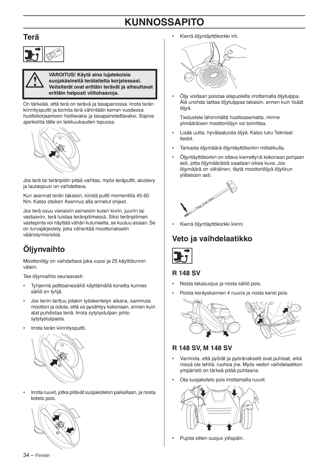 Husqvarna R148 SV, M148 SV manual Terä, Öljynvaihto, Veto ja vaihdelaatikko 