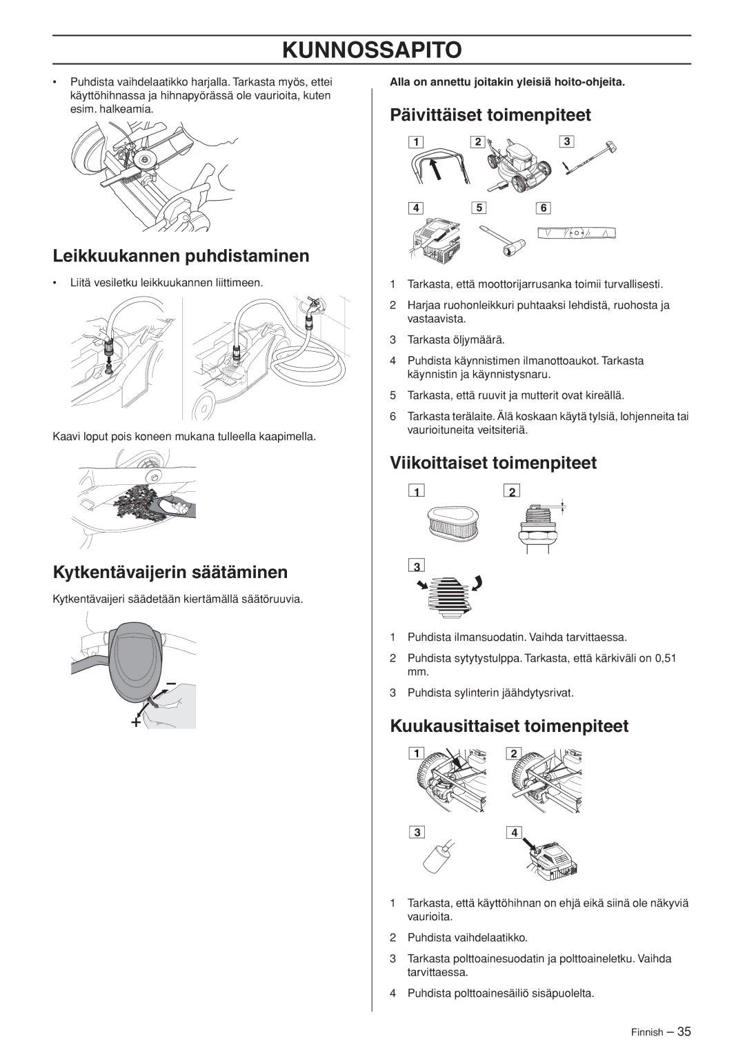 Husqvarna M148 SV, R148 SV manual Leikkuukannen puhdistaminen, Kytkentävaijerin säätäminen, Päivittäiset toimenpiteet 