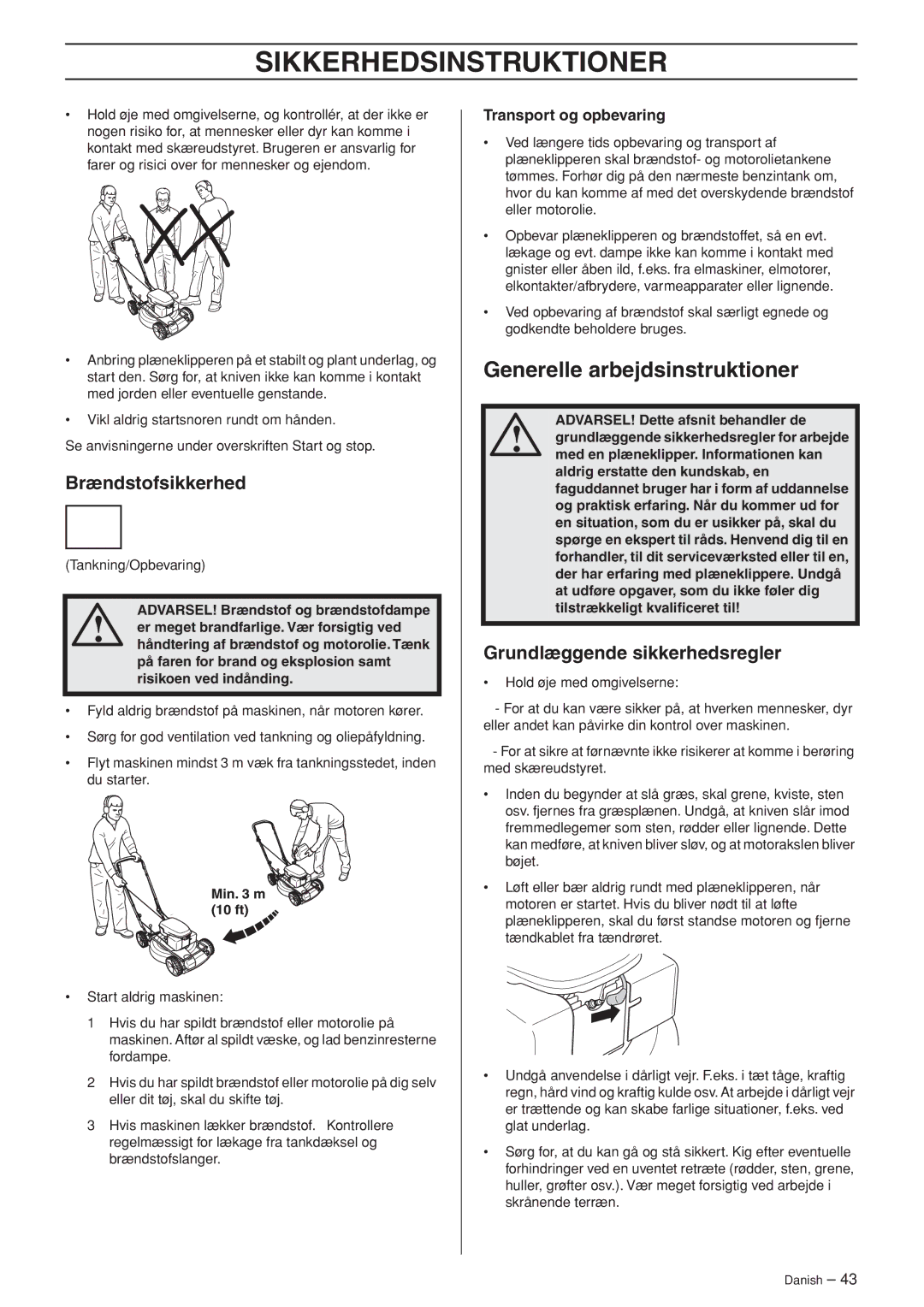 Husqvarna M148 SV, R148 SV manual Generelle arbejdsinstruktioner, Brændstofsikkerhed, Grundlæggende sikkerhedsregler 