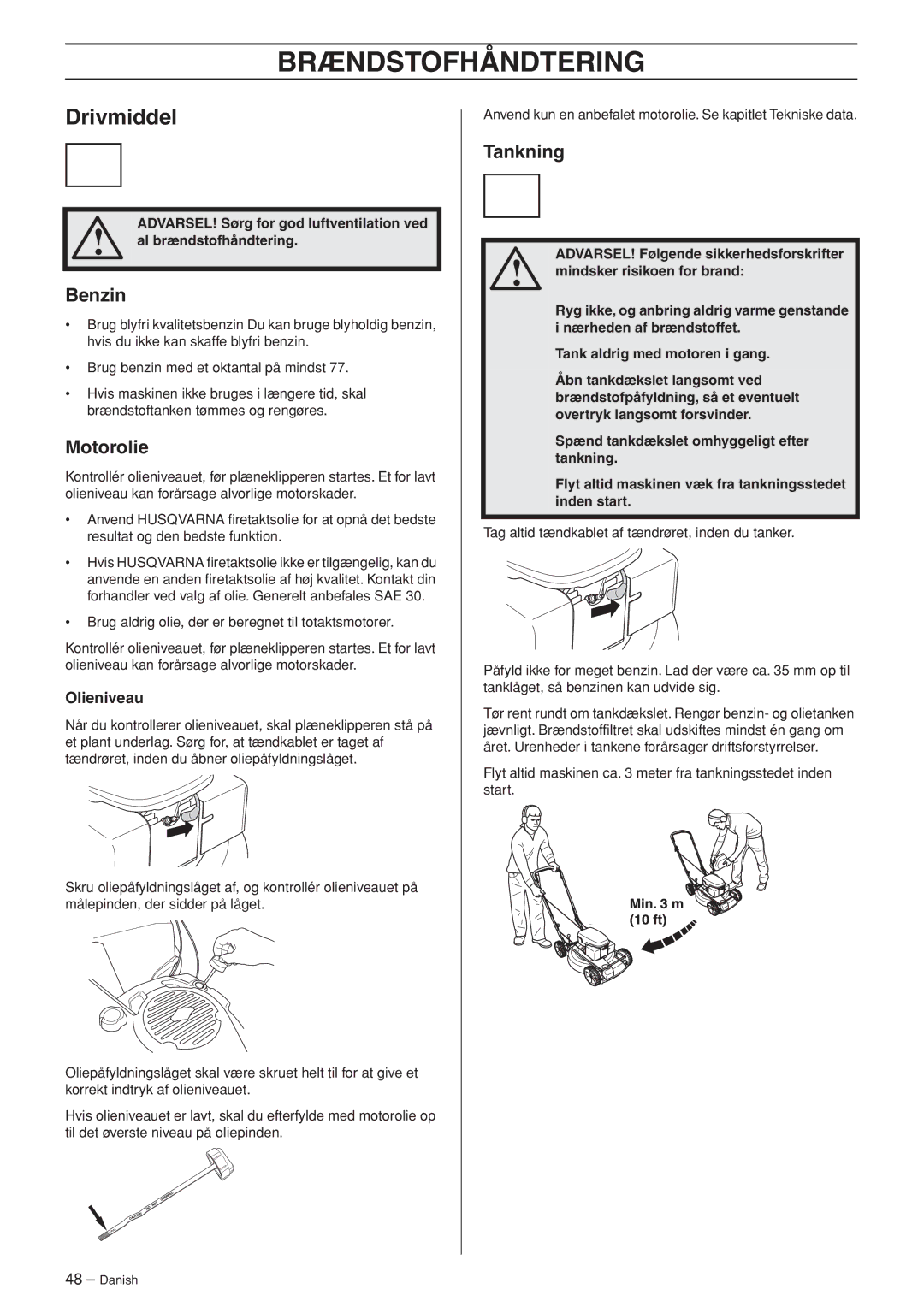 Husqvarna R148 SV, M148 SV manual Brændstofhåndtering, Drivmiddel, Benzin, Motorolie, Olieniveau 