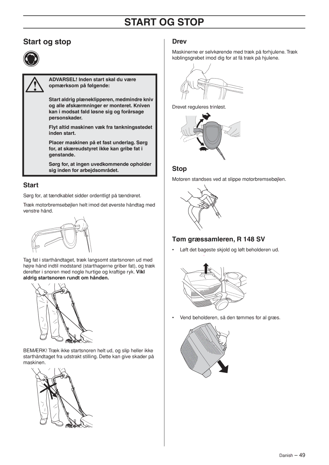 Husqvarna M148 SV, R148 SV manual Start OG Stop, Start og stop, Drev, Tøm græssamleren, R 148 SV 