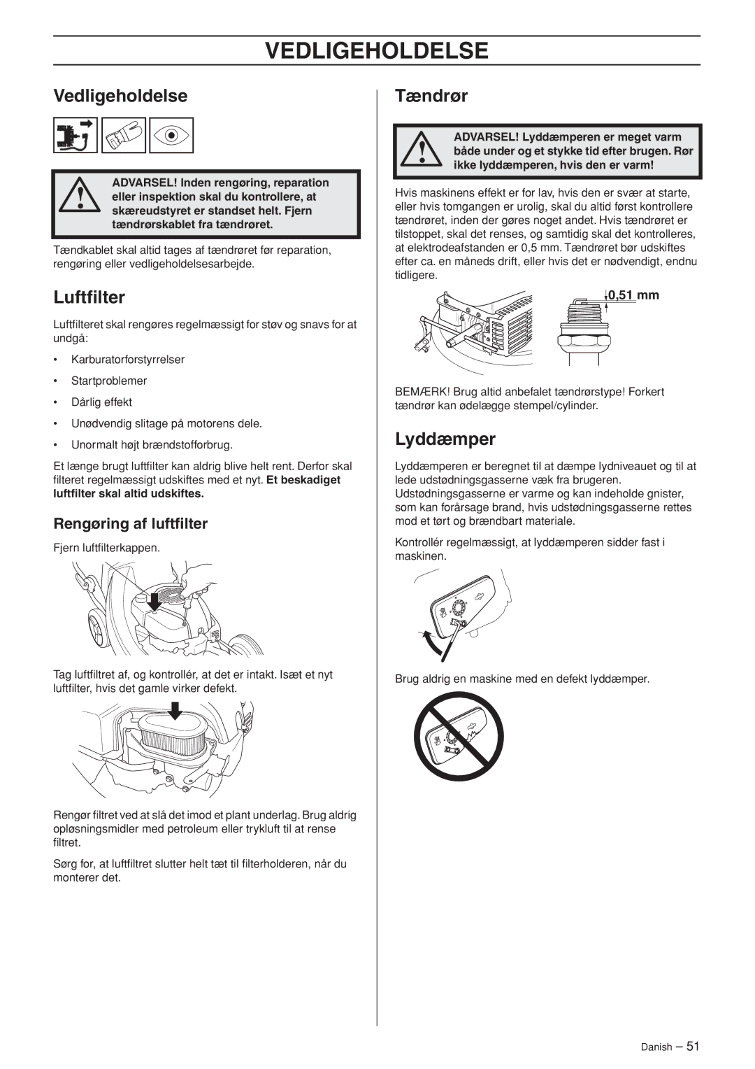 Husqvarna M148 SV, R148 SV manual Vedligeholdelse, Tændrør, Lyddæmper, Rengøring af luftﬁlter 