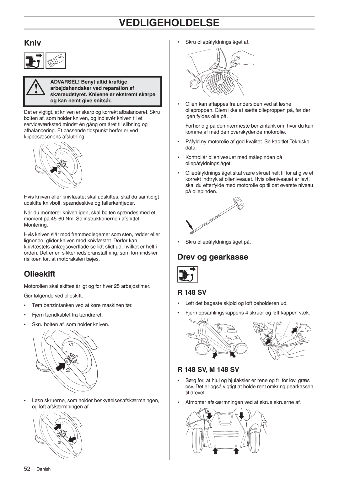 Husqvarna R148 SV, M148 SV manual Olieskift, Drev og gearkasse 