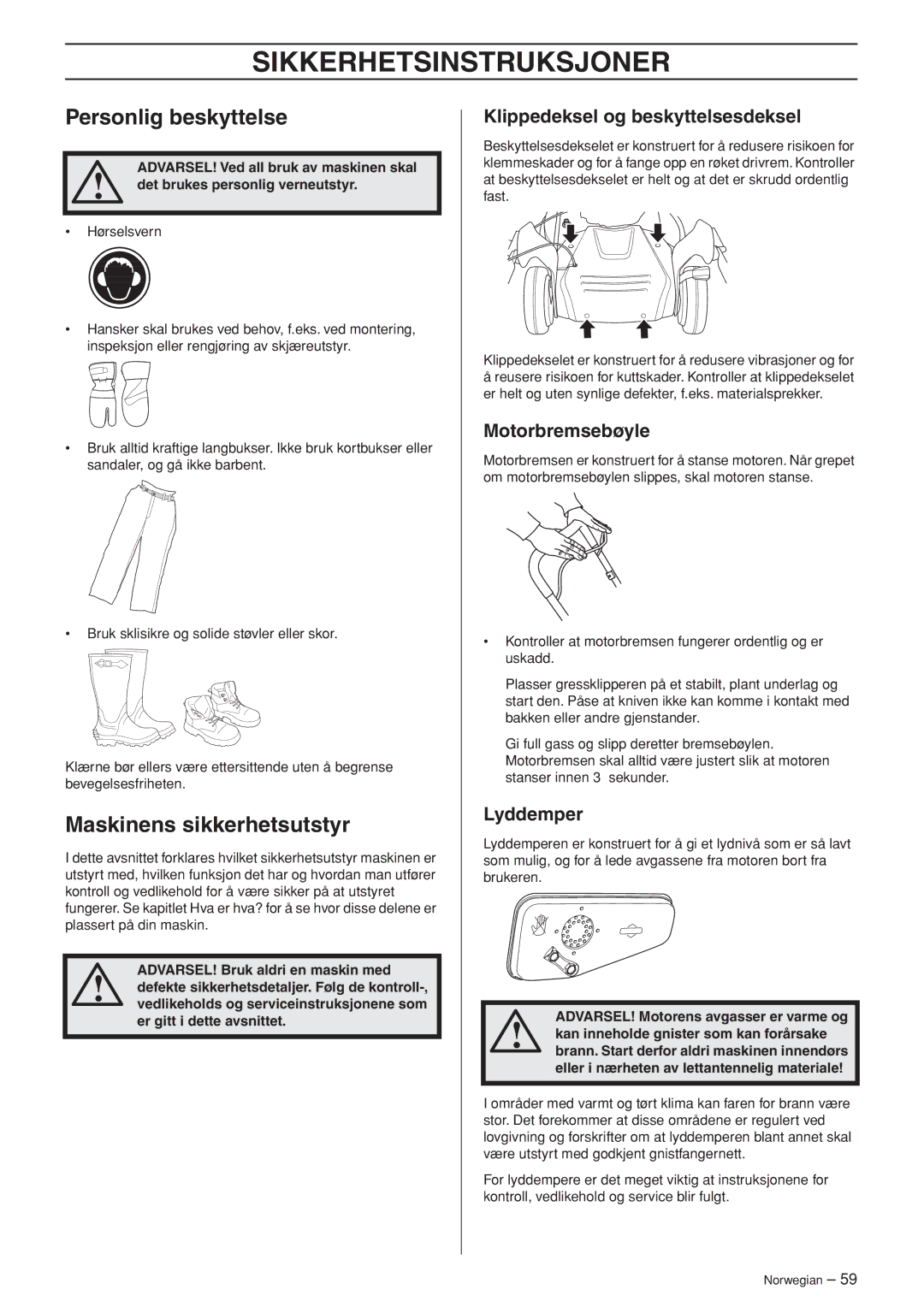 Husqvarna M148 SV manual Sikkerhetsinstruksjoner, Maskinens sikkerhetsutstyr, Klippedeksel og beskyttelsesdeksel, Lyddemper 