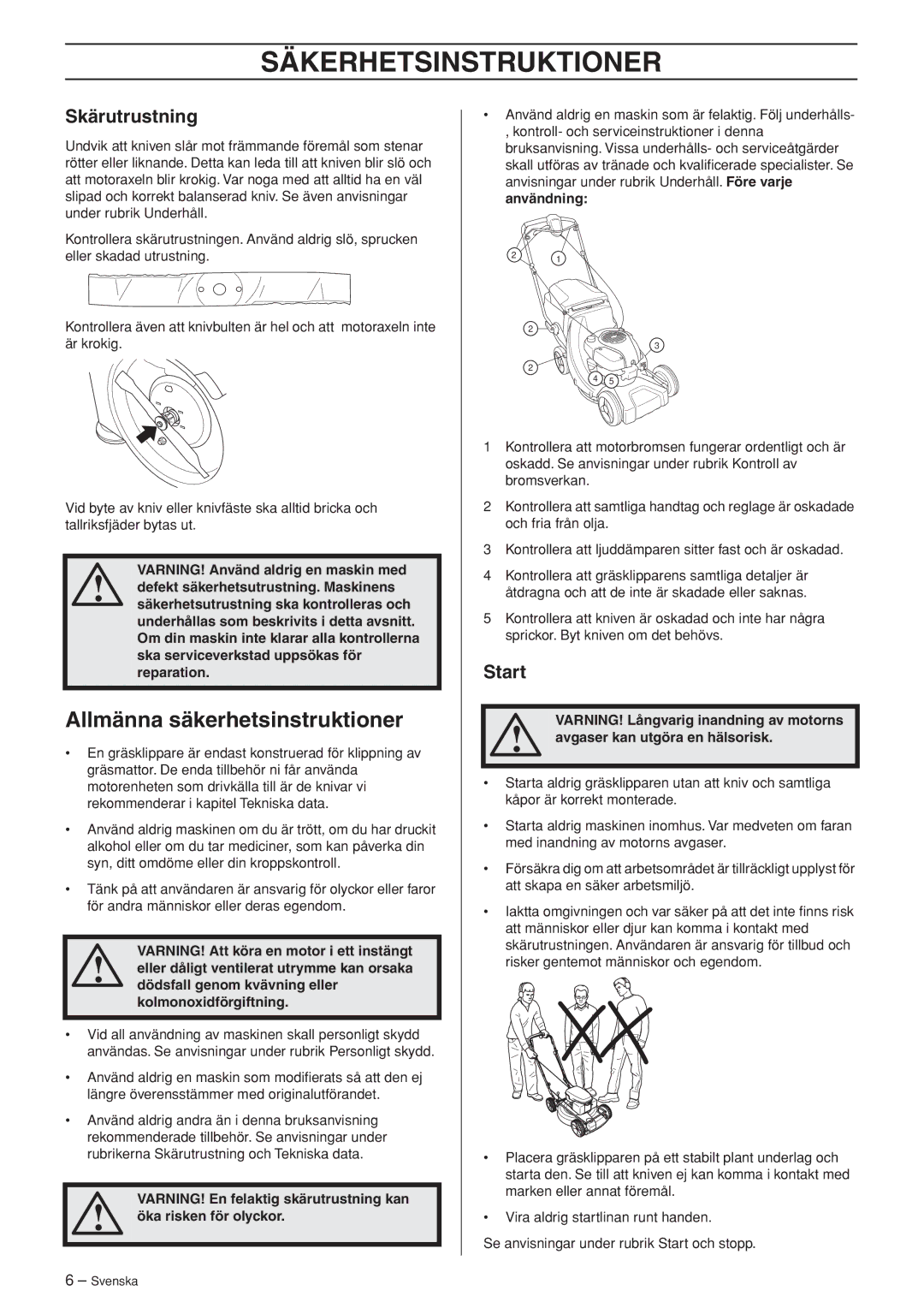 Husqvarna R148 SV, M148 SV manual Allmänna säkerhetsinstruktioner, Skärutrustning, Start 