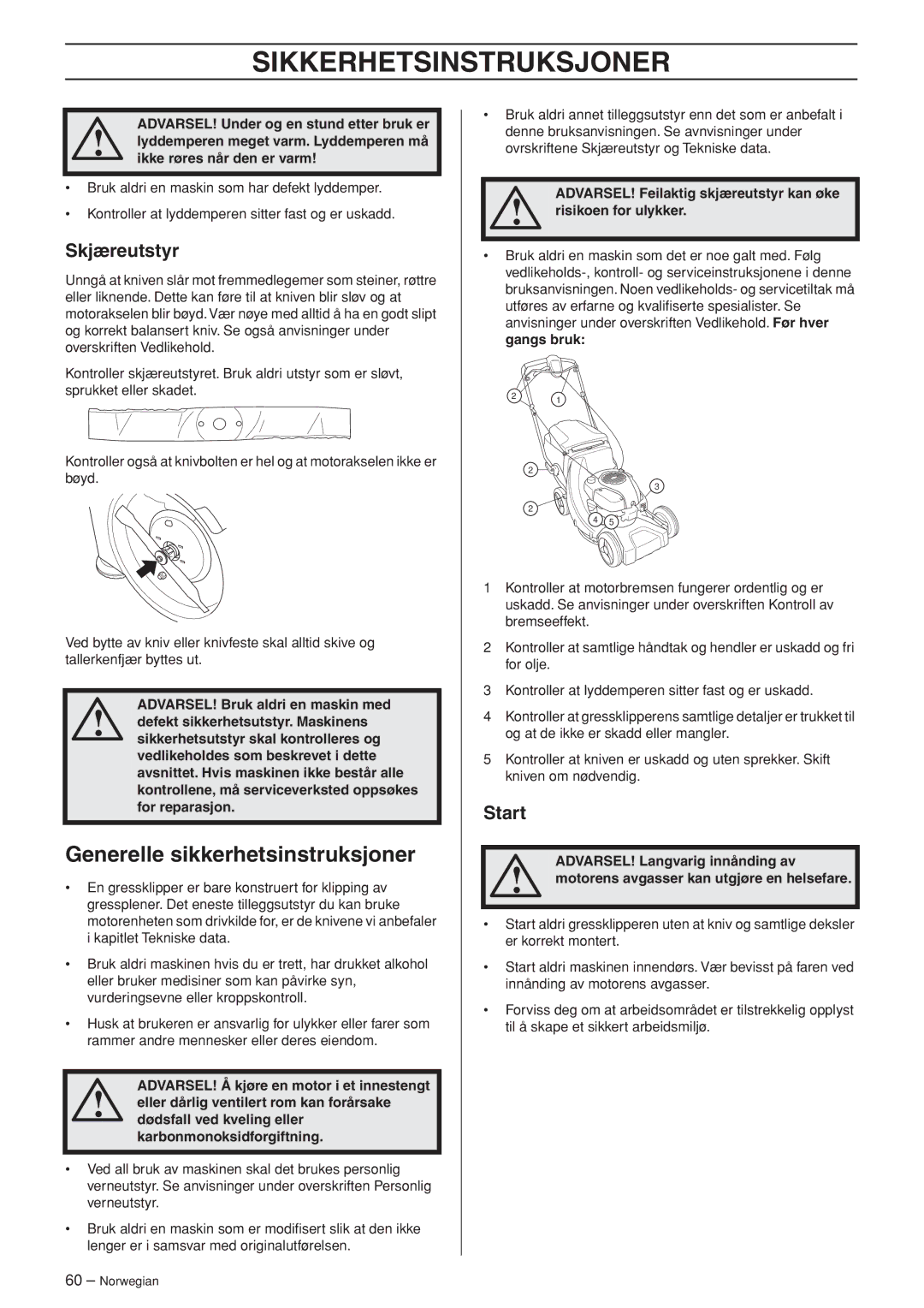 Husqvarna R148 SV, M148 SV manual Generelle sikkerhetsinstruksjoner, Skjæreutstyr 