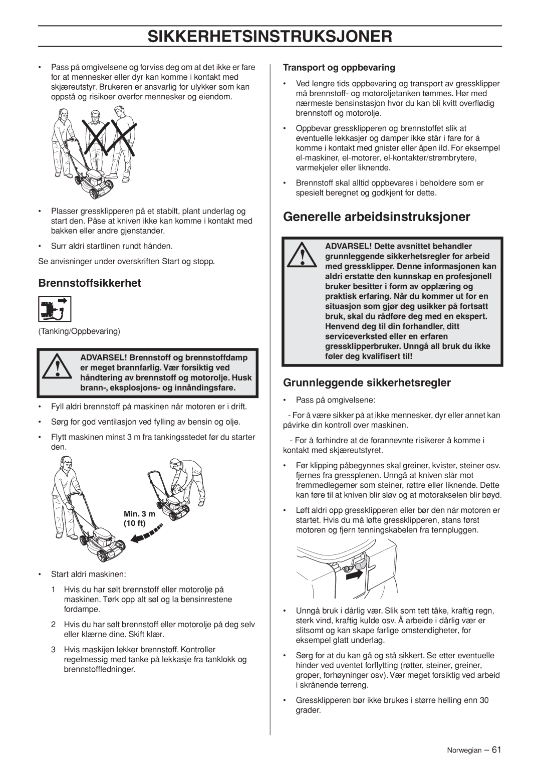 Husqvarna M148 SV, R148 SV manual Generelle arbeidsinstruksjoner, Brennstoffsikkerhet, Grunnleggende sikkerhetsregler 