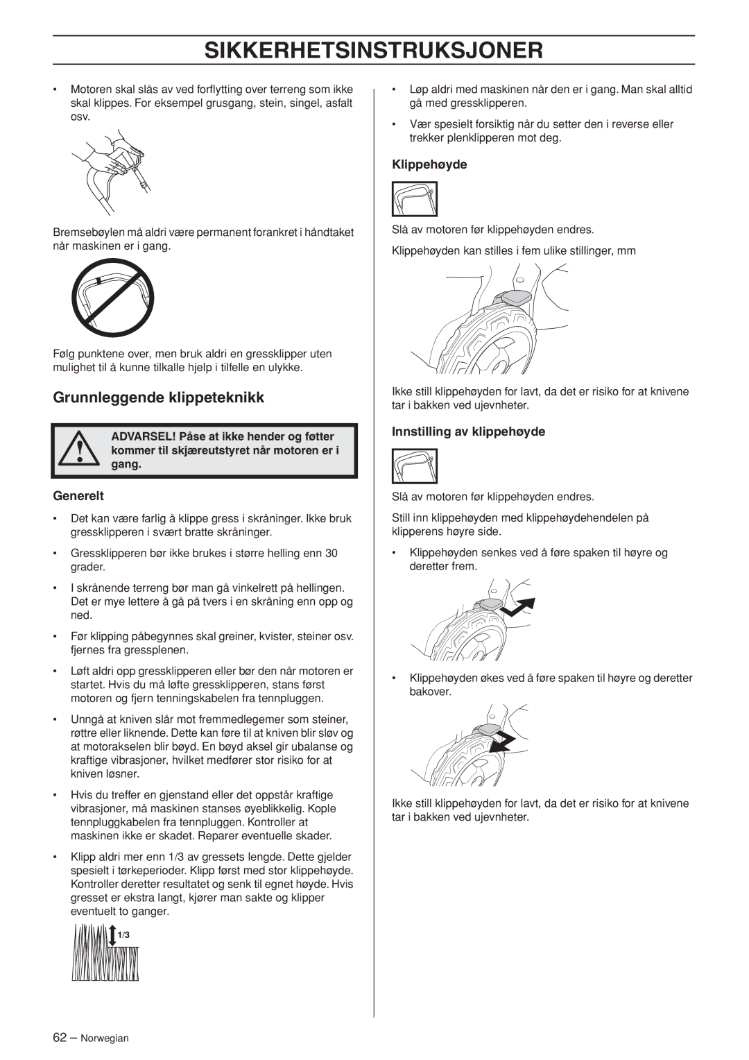 Husqvarna R148 SV, M148 SV manual Grunnleggende klippeteknikk, Klippehøyde, Innstilling av klippehøyde 