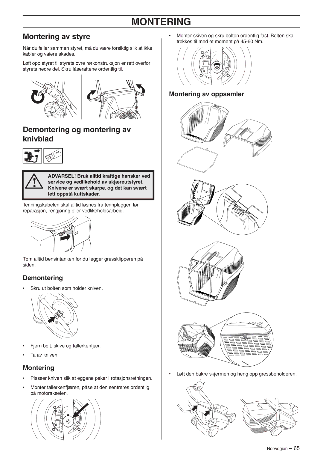 Husqvarna M148 SV, R148 SV manual Demontering og montering av knivblad, Montering av oppsamler 