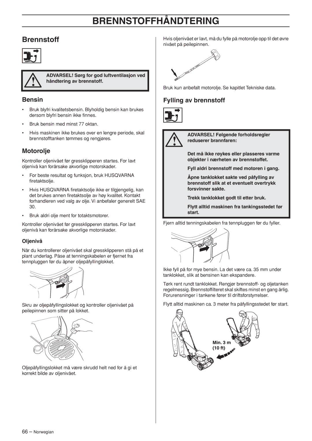 Husqvarna R148 SV, M148 SV manual Brennstoffhåndtering, Motorolje, Fylling av brennstoff, Håndtering av brennstoff 