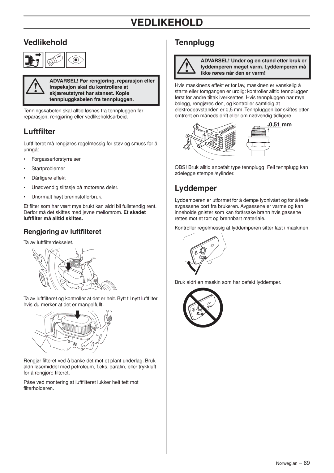 Husqvarna M148 SV, R148 SV manual Vedlikehold, Tennplugg, Lyddemper, Rengjøring av luftﬁlteret 