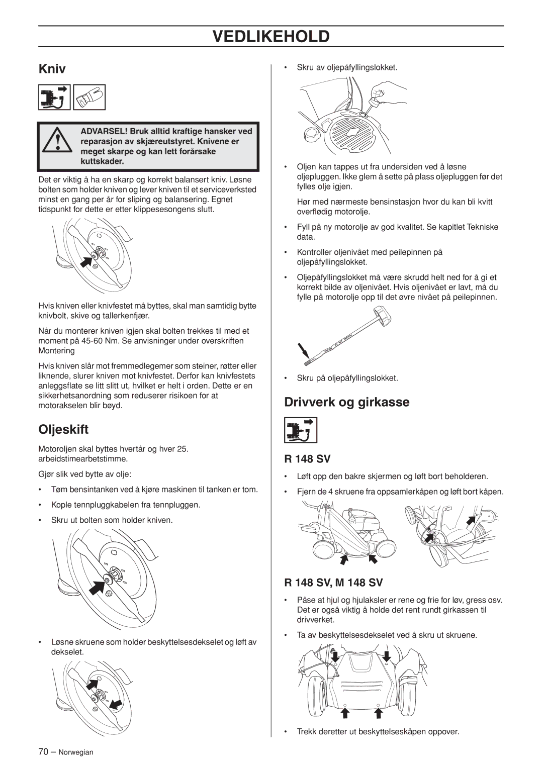 Husqvarna R148 SV, M148 SV manual Oljeskift, Drivverk og girkasse 