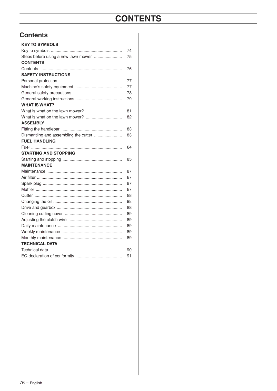 Husqvarna R148 SV, M148 SV manual Contents 