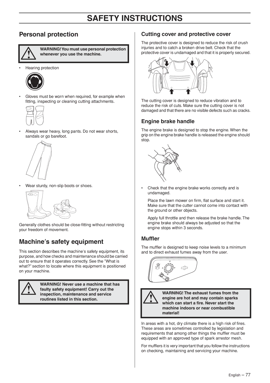 Husqvarna M148 SV, R148 SV manual Safety Instructions, Personal protection, Machine′s safety equipment 