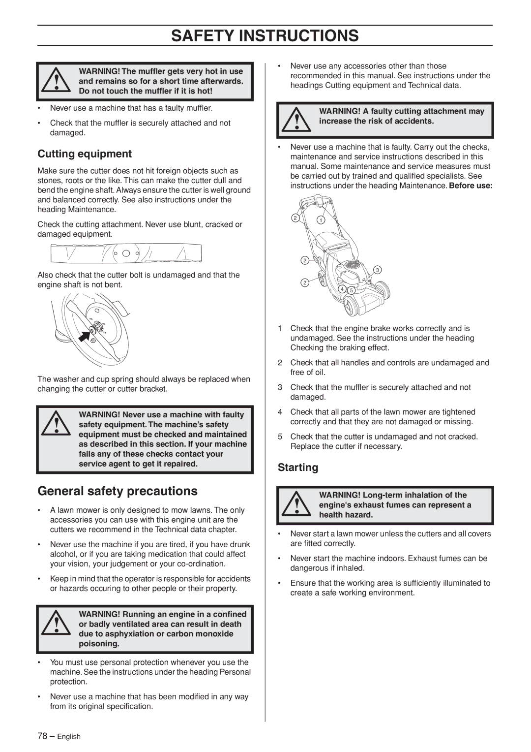 Husqvarna R148 SV, M148 SV manual General safety precautions, Cutting equipment, Starting, Increase the risk of accidents 