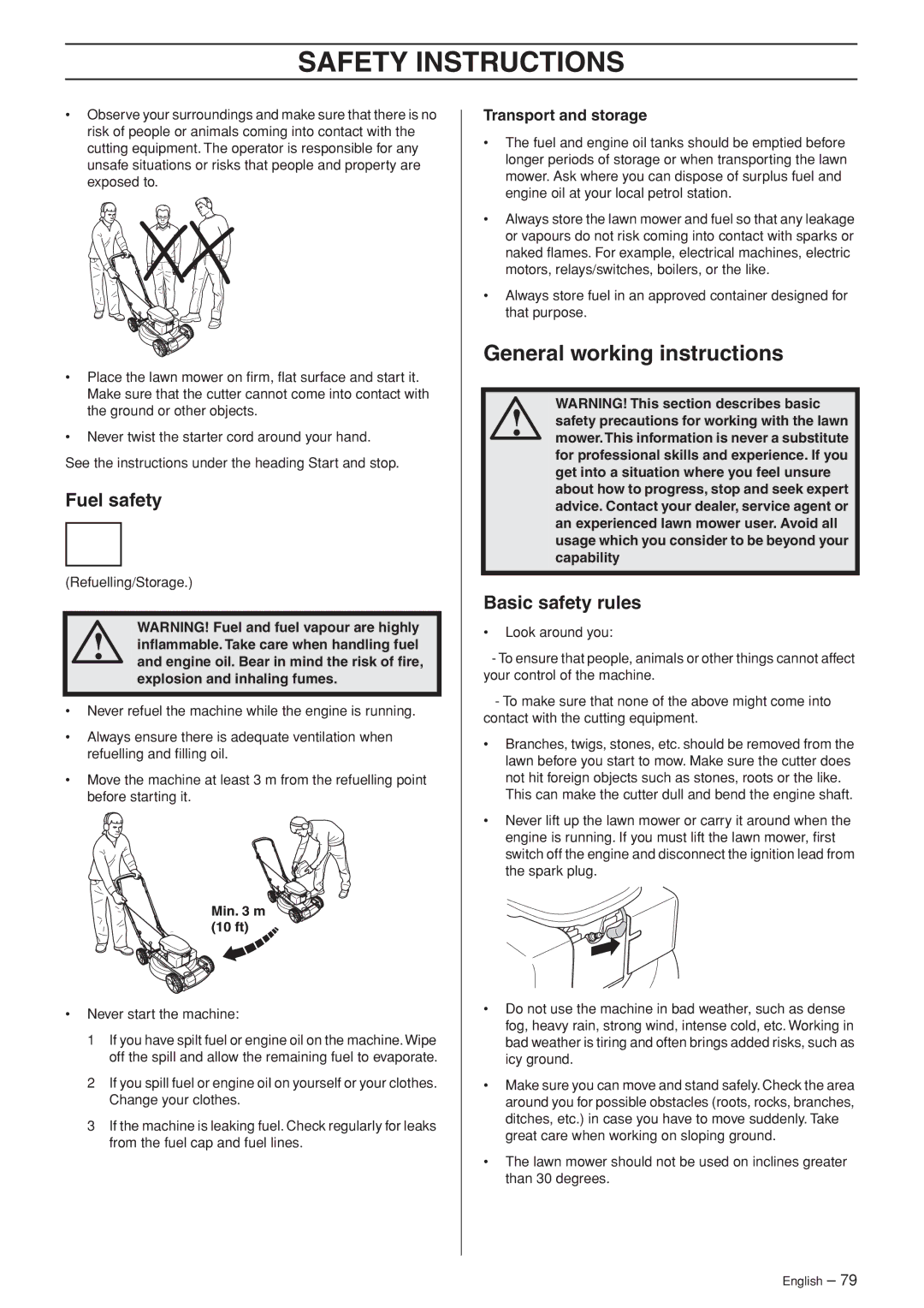 Husqvarna M148 SV, R148 SV manual General working instructions, Fuel safety, Basic safety rules, Transport and storage 