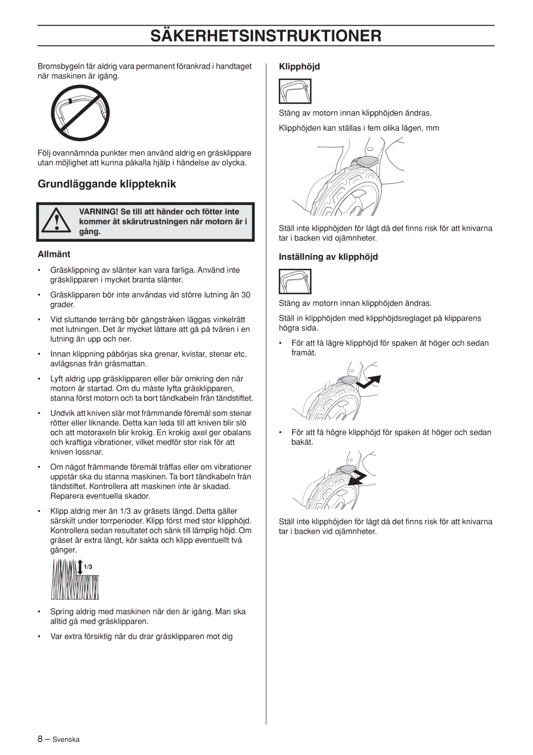 Husqvarna R148 SV, M148 SV manual Grundläggande klippteknik, Allmänt, Klipphöjd, Inställning av klipphöjd 