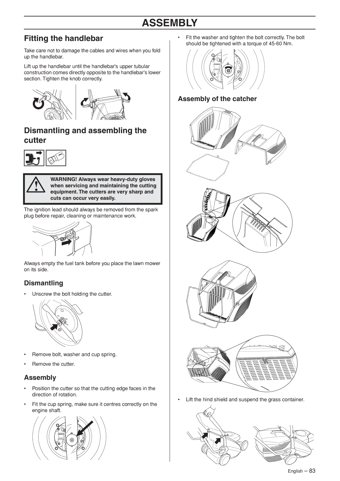 Husqvarna M148 SV, R148 SV manual Assembly, Fitting the handlebar, Dismantling and assembling the cutter 