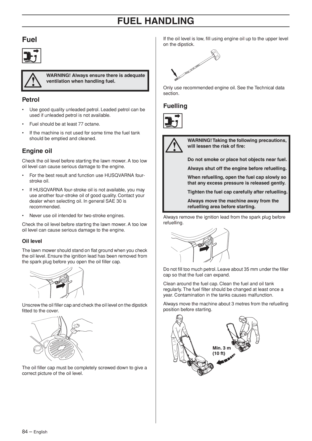 Husqvarna R148 SV, M148 SV manual Fuel Handling, Petrol, Engine oil, Fuelling 