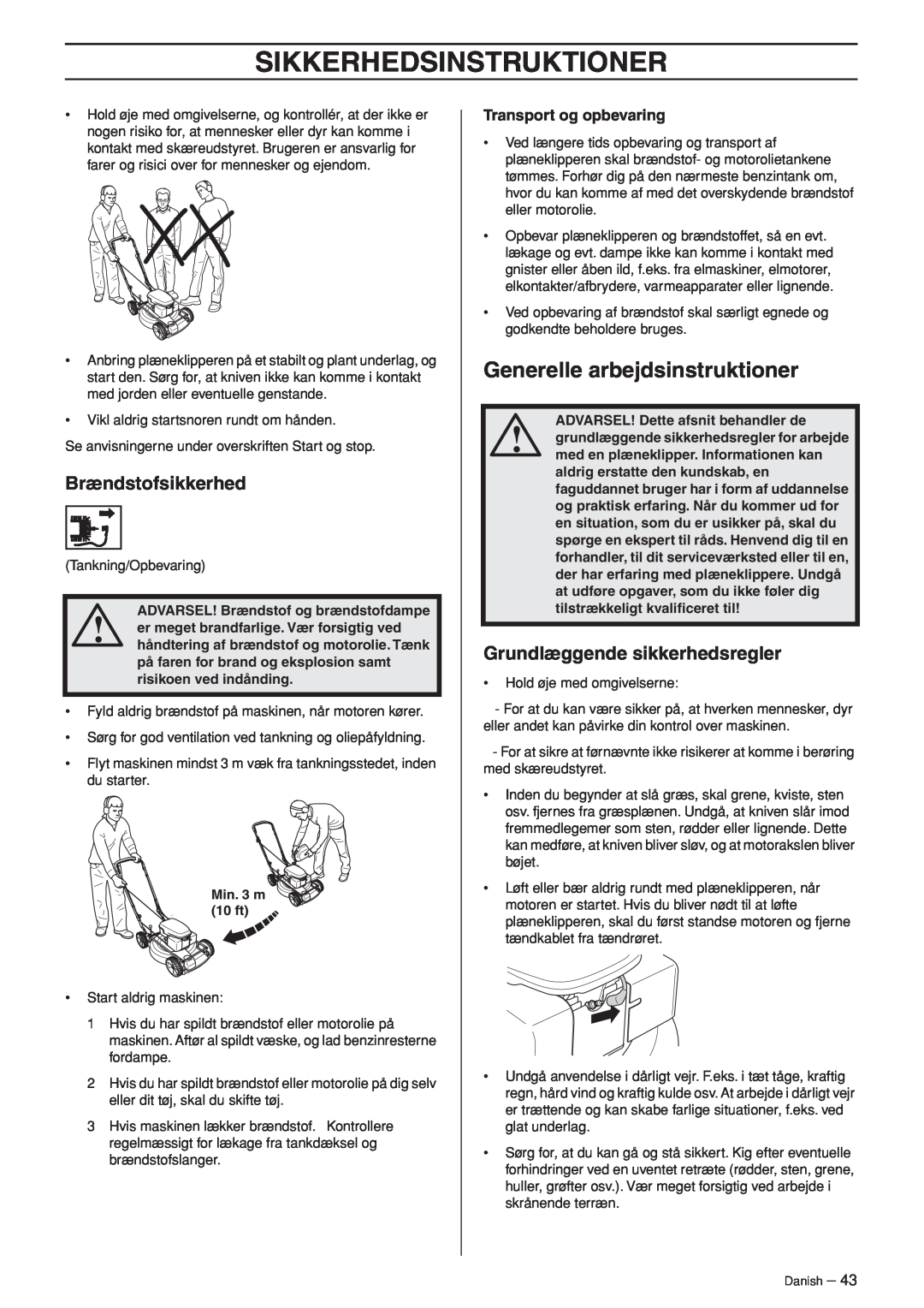 Husqvarna M148 SV, R148 SV manual Generelle arbejdsinstruktioner, Brændstofsikkerhed, Grundlæggende sikkerhedsregler 