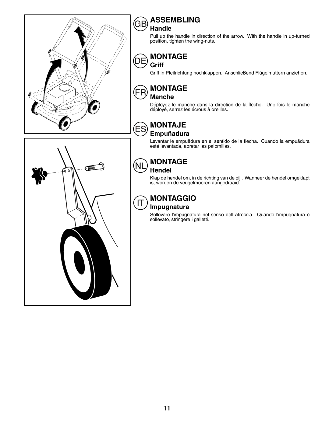 Husqvarna R152SV instruction manual Handle, Griff, Manche, Empuñadura, Hendel, Impugnatura 