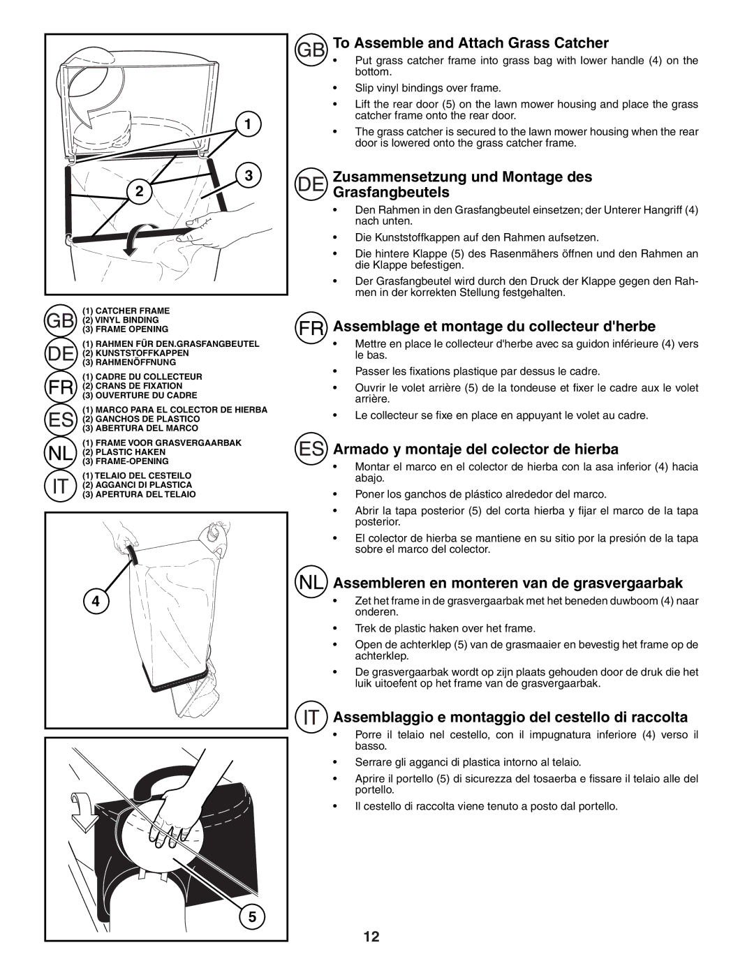 Husqvarna R152SV instruction manual To Assemble and Attach Grass Catcher, Zusammensetzung und Montage des Grasfangbeutels 