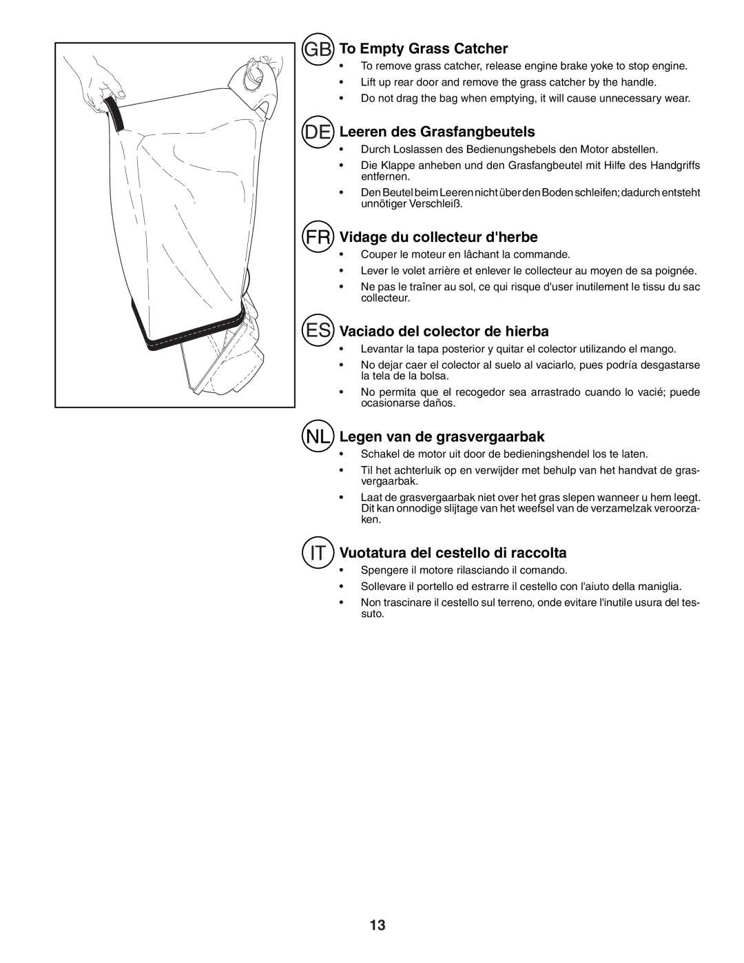 Husqvarna R152SV instruction manual To Empty Grass Catcher, Leeren des Grasfangbeutels, Vidage du collecteur dherbe 