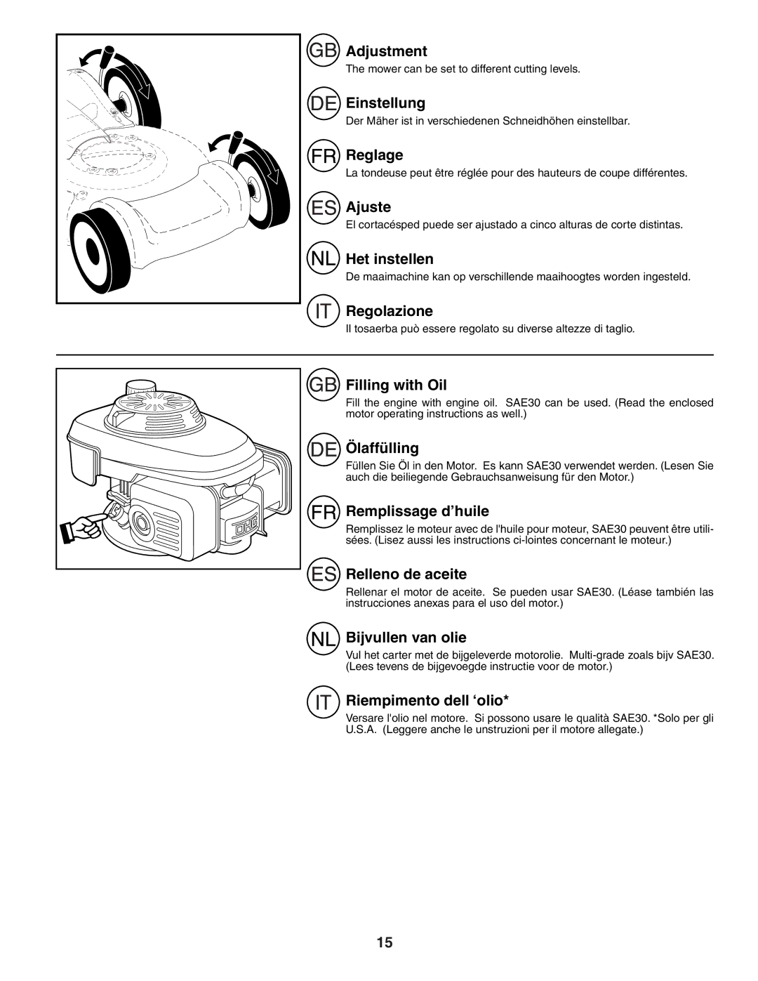 Husqvarna R152SV Adjustment, Einstellung, Reglage, Ajuste, Het instellen, Regolazione, Filling with Oil, Ölaffülling 