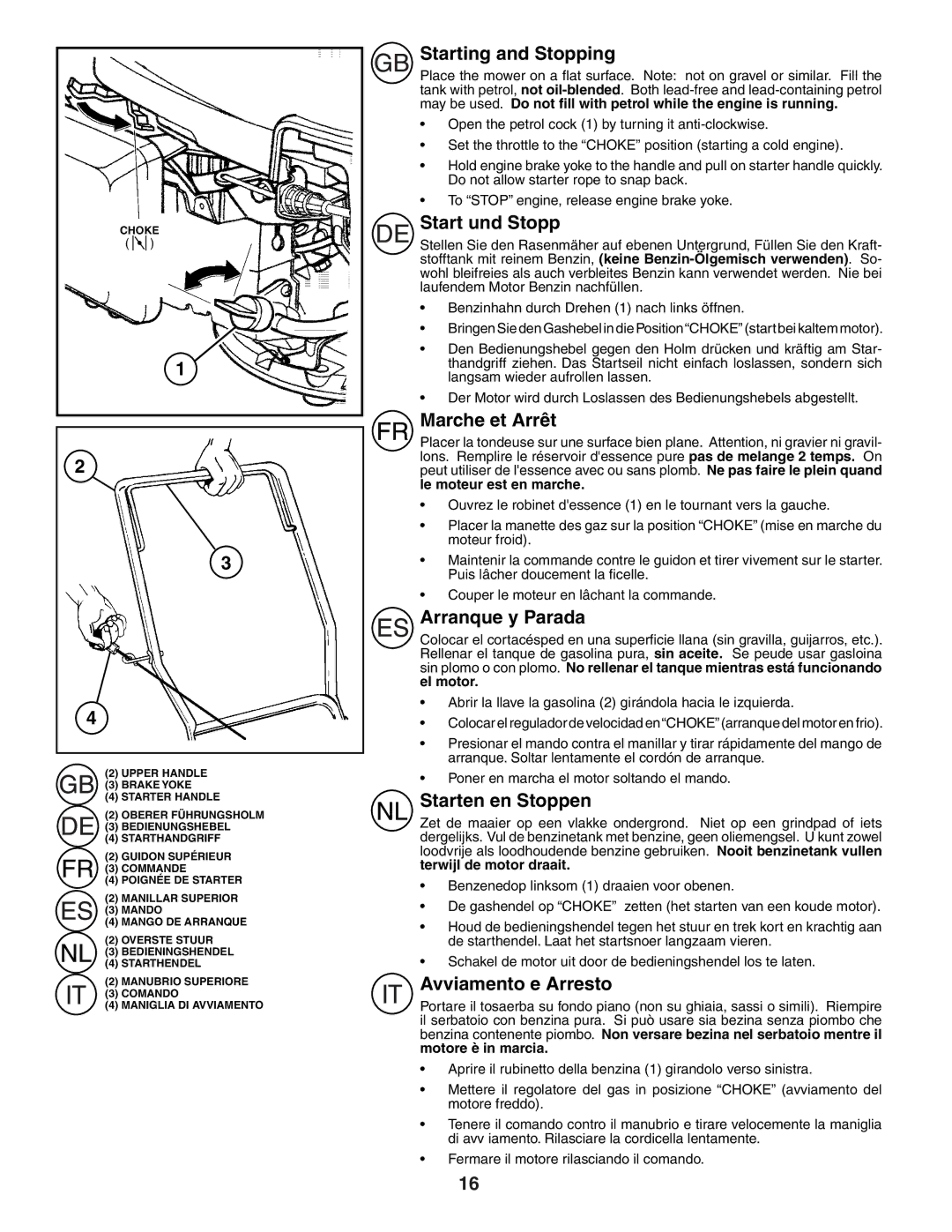 Husqvarna R152SV Starting and Stopping, Start und Stopp, Marche et Arrêt, Arranque y Parada, Starten en Stoppen 