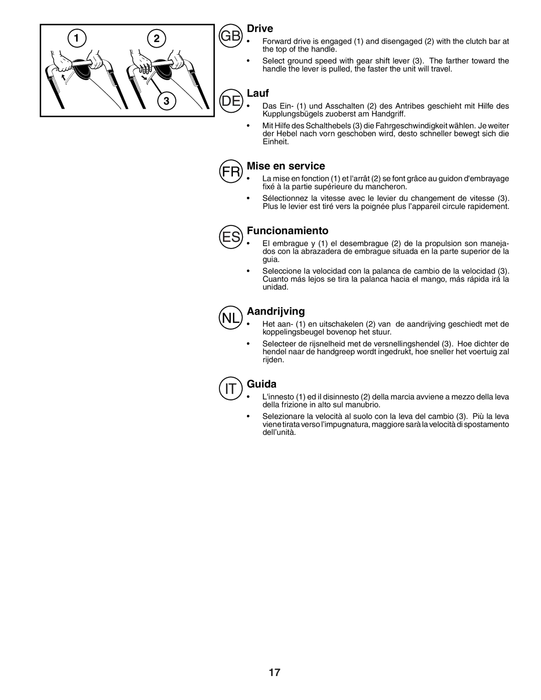 Husqvarna R152SV instruction manual Drive, Lauf, Mise en service, Funcionamiento, Aandrijving, Guida 