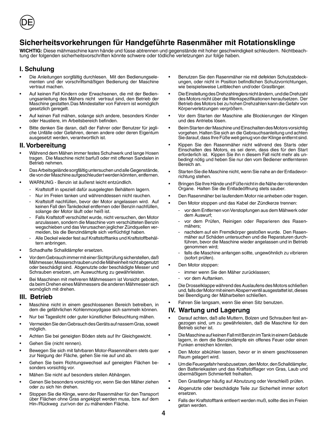 Husqvarna R152SV instruction manual Schulung, II. Vorbereitung, III. Betrieb, IV. Wartung und Lagerung 