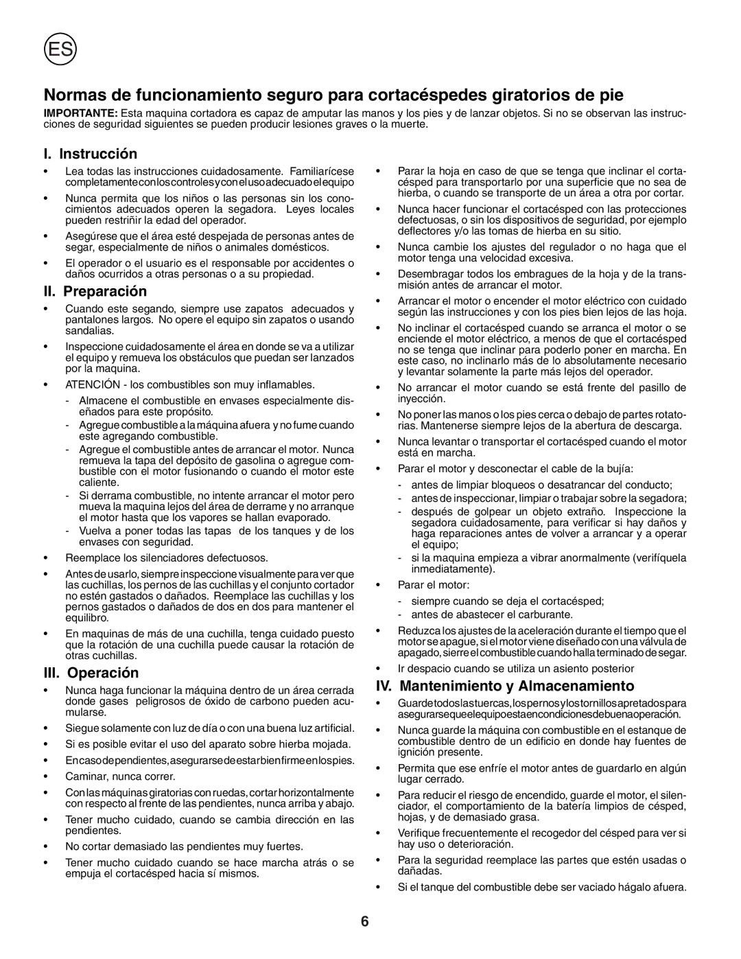 Husqvarna R152SV instruction manual Instrucción, II. Preparación, III. Operación, IV. Mantenimiento y Almacenamiento 