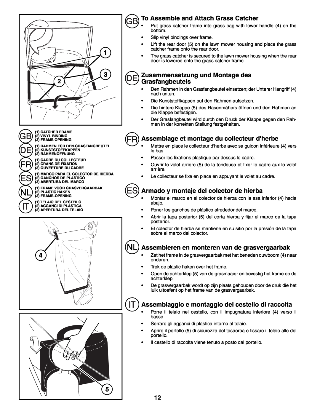 Husqvarna R152SV instruction manual To Assemble and Attach Grass Catcher, Zusammensetzung und Montage des Grasfangbeutels 
