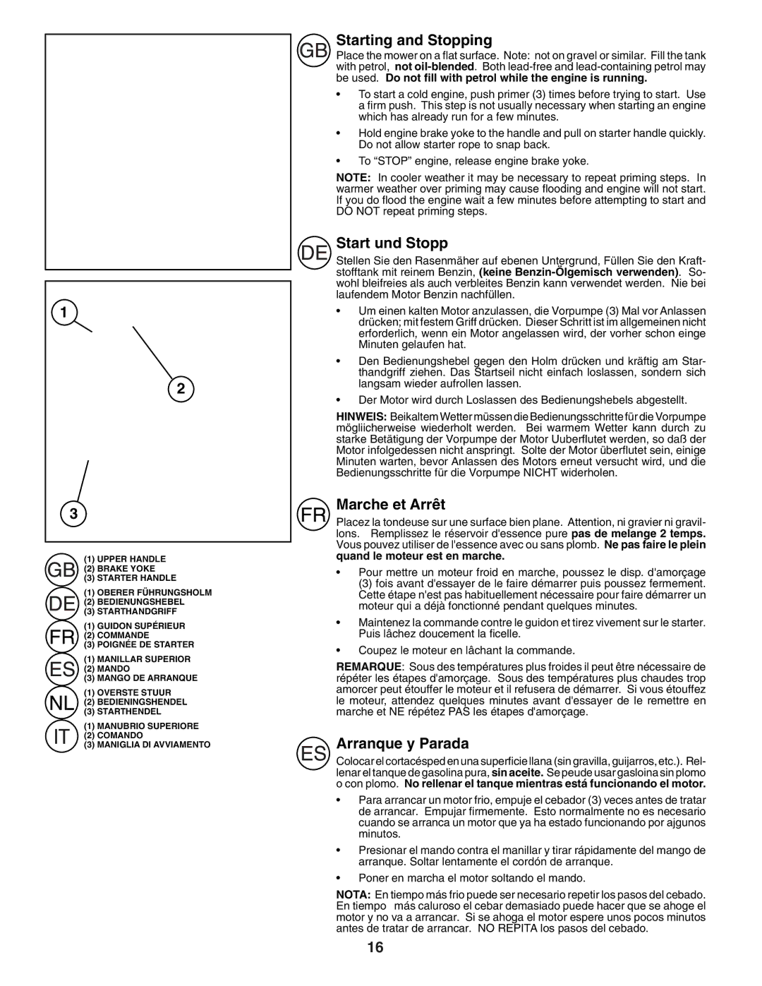 Husqvarna R152SVB instruction manual Starting and Stopping, Start und Stopp, Marche et Arrêt, Arranque y Parada 