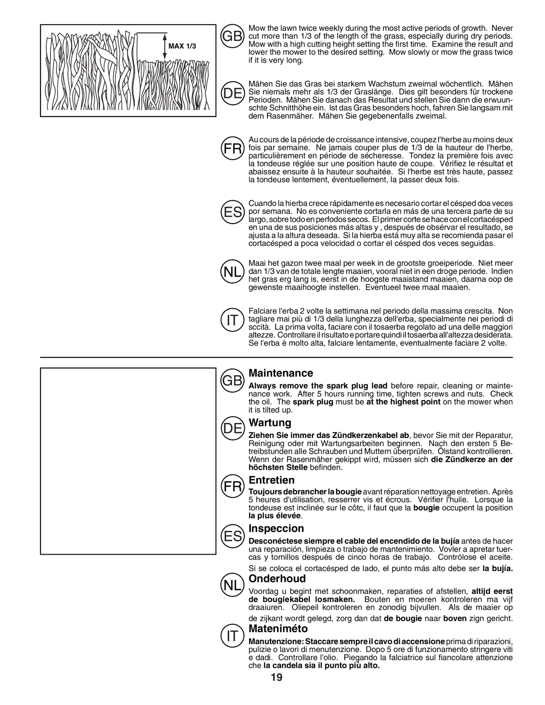 Husqvarna R152SVB instruction manual Maintenance, Wartung, Entretien, Inspeccion, Onderhoud, Mateniméto 