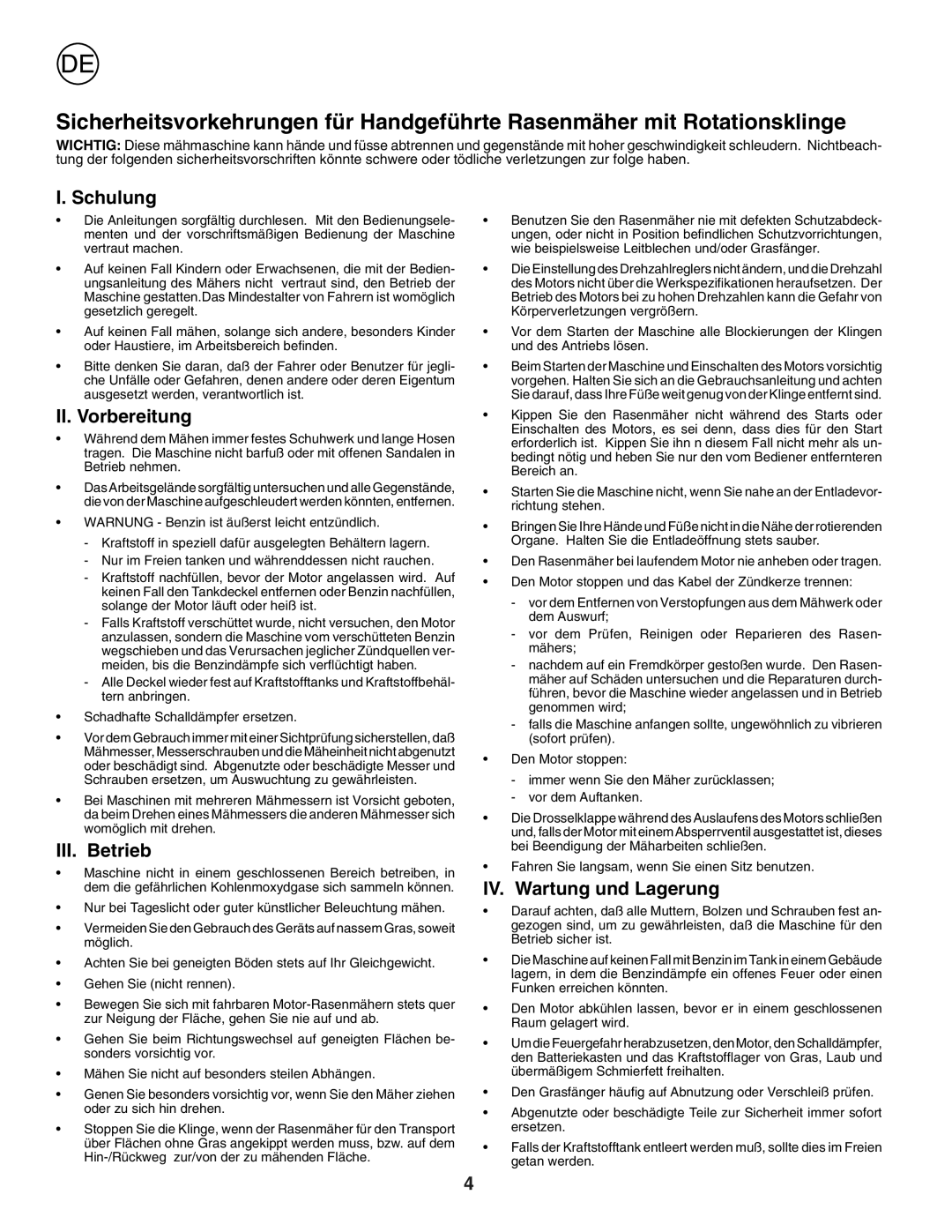 Husqvarna R152SVB instruction manual Schulung, II. Vorbereitung, III. Betrieb, IV. Wartung und Lagerung 