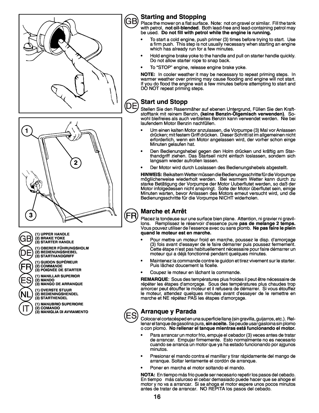 Husqvarna R152SVB instruction manual Starting and Stopping, Start und Stopp, Marche et Arrêt, Arranque y Parada 