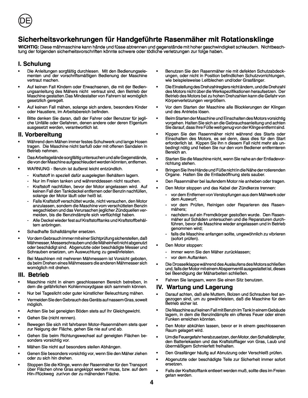 Husqvarna R152SVB instruction manual I. Schulung, II. Vorbereitung, III. Betrieb, IV. Wartung und Lagerung 