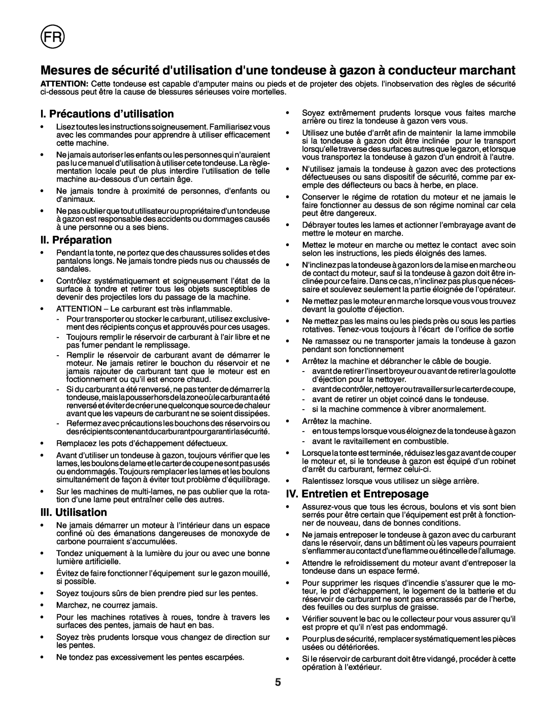 Husqvarna R152SVB I. Précautions d’utilisation, II. Préparation, III. Utilisation, IV. Entretien et Entreposage 