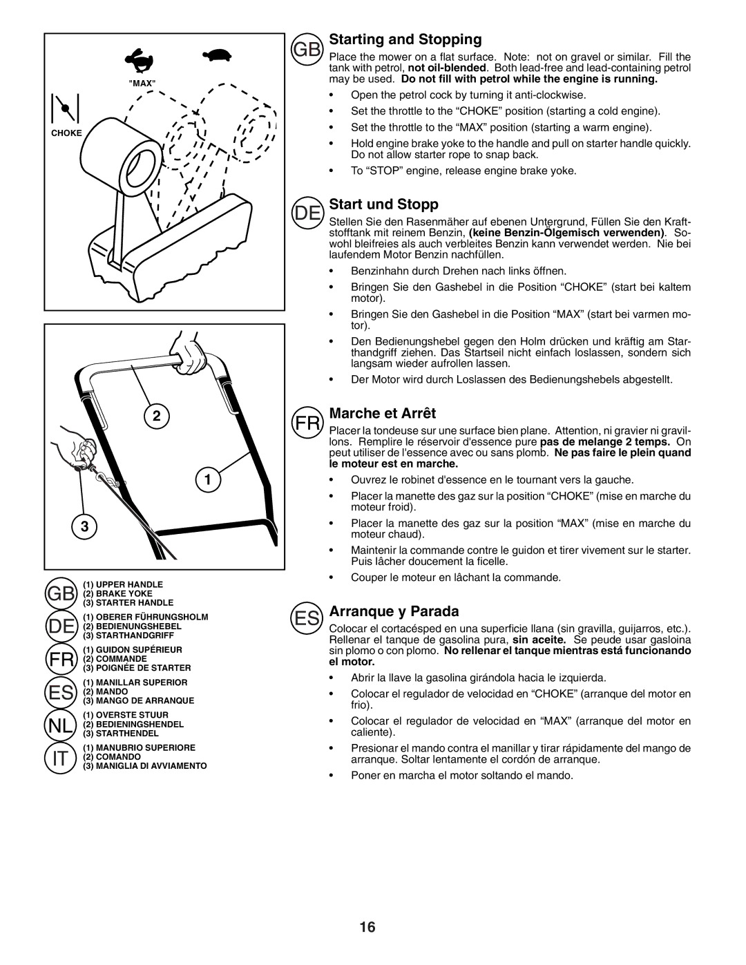 Husqvarna R152SVBBC instruction manual Starting and Stopping, Start und Stopp, Marche et Arrêt, Arranque y Parada 