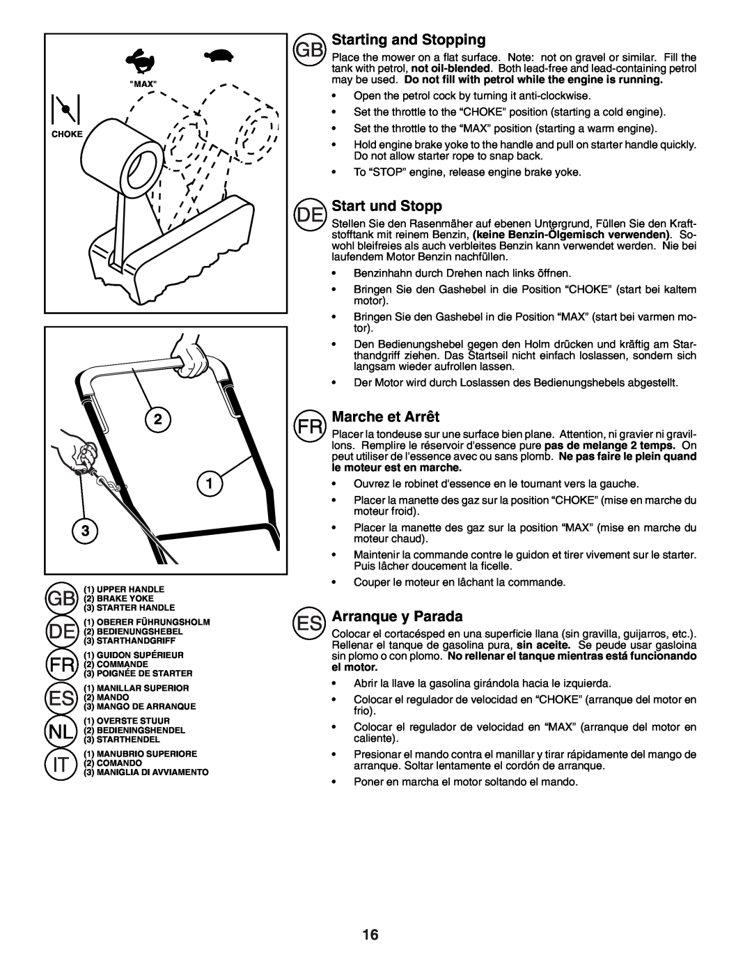 Husqvarna R152SVBBC instruction manual Starting and Stopping, Start und Stopp, Marche et Arrêt, Arranque y Parada, el motor 