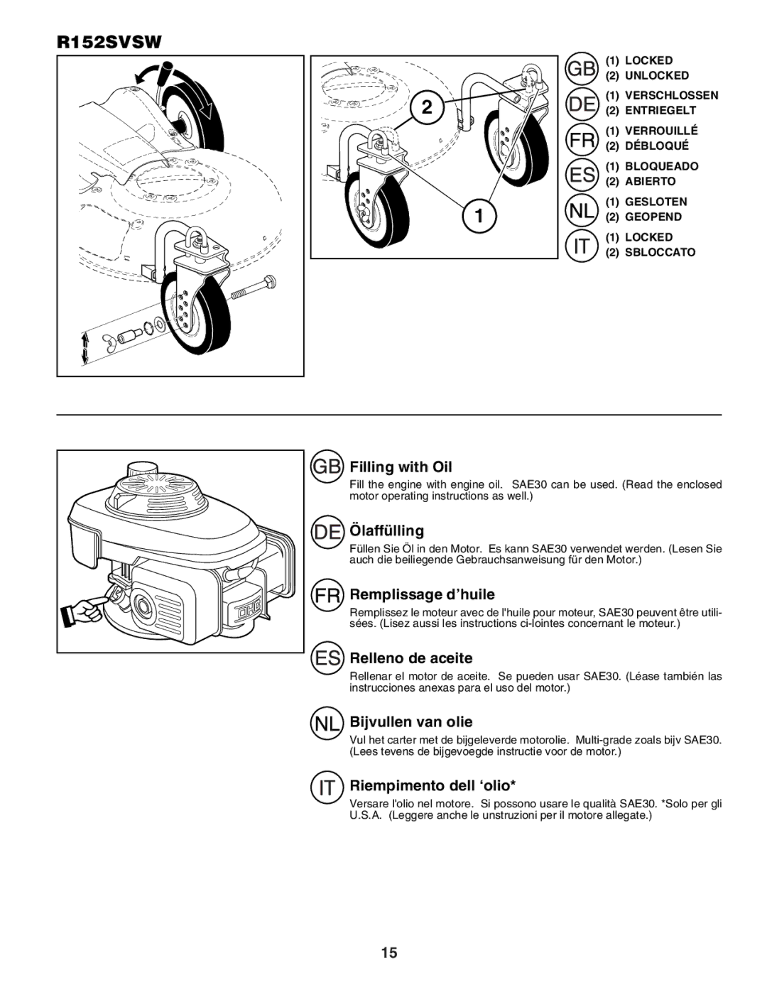 Husqvarna R152SVSW Filling with Oil, Ölaffülling, Remplissage d’huile, Relleno de aceite, Bijvullen van olie 