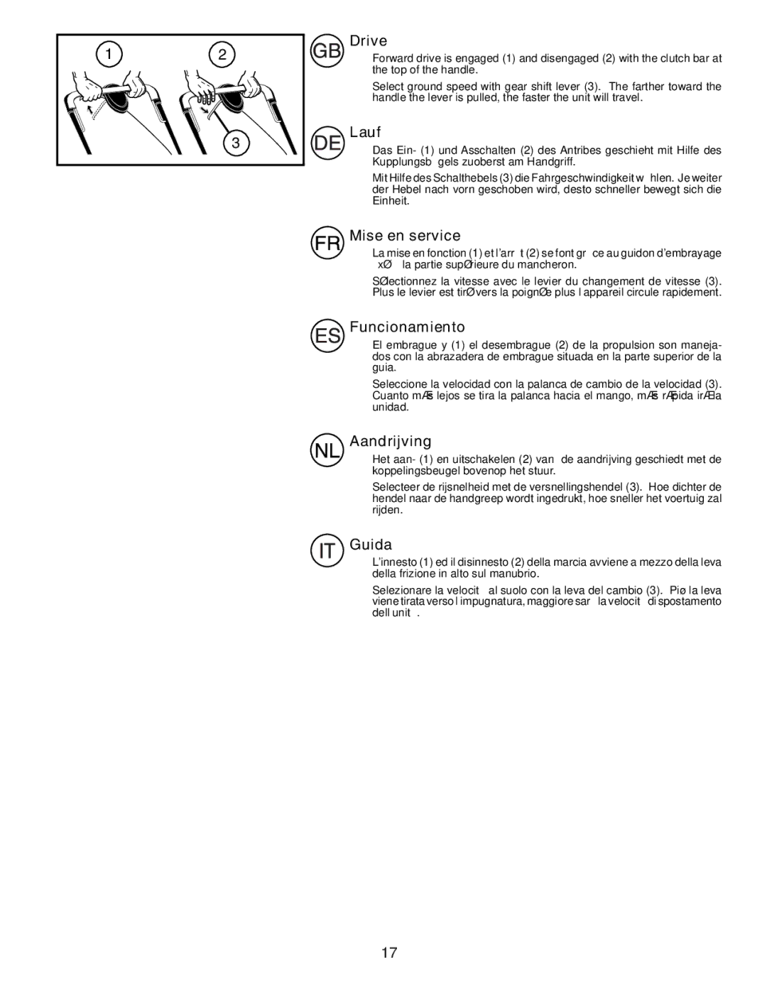 Husqvarna R152SVSW instruction manual Drive, Lauf, Mise en service, Funcionamiento, Aandrijving, Guida 