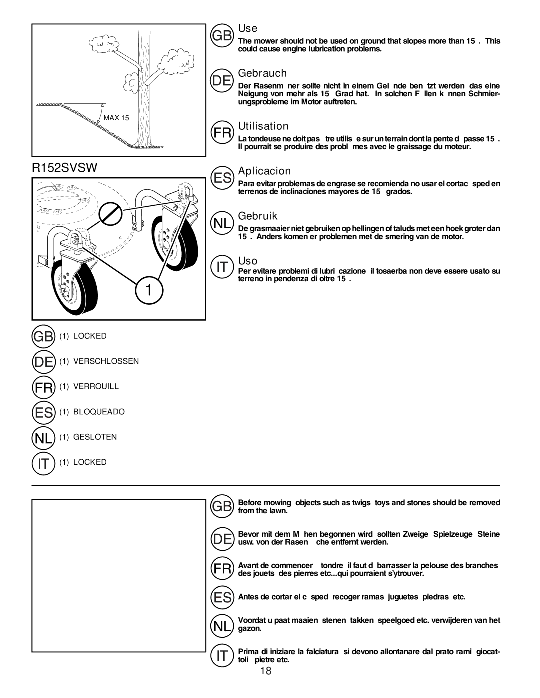 Husqvarna R152SVSW instruction manual Use, Gebrauch, Utilisation, Aplicacion, Gebruik, Uso 