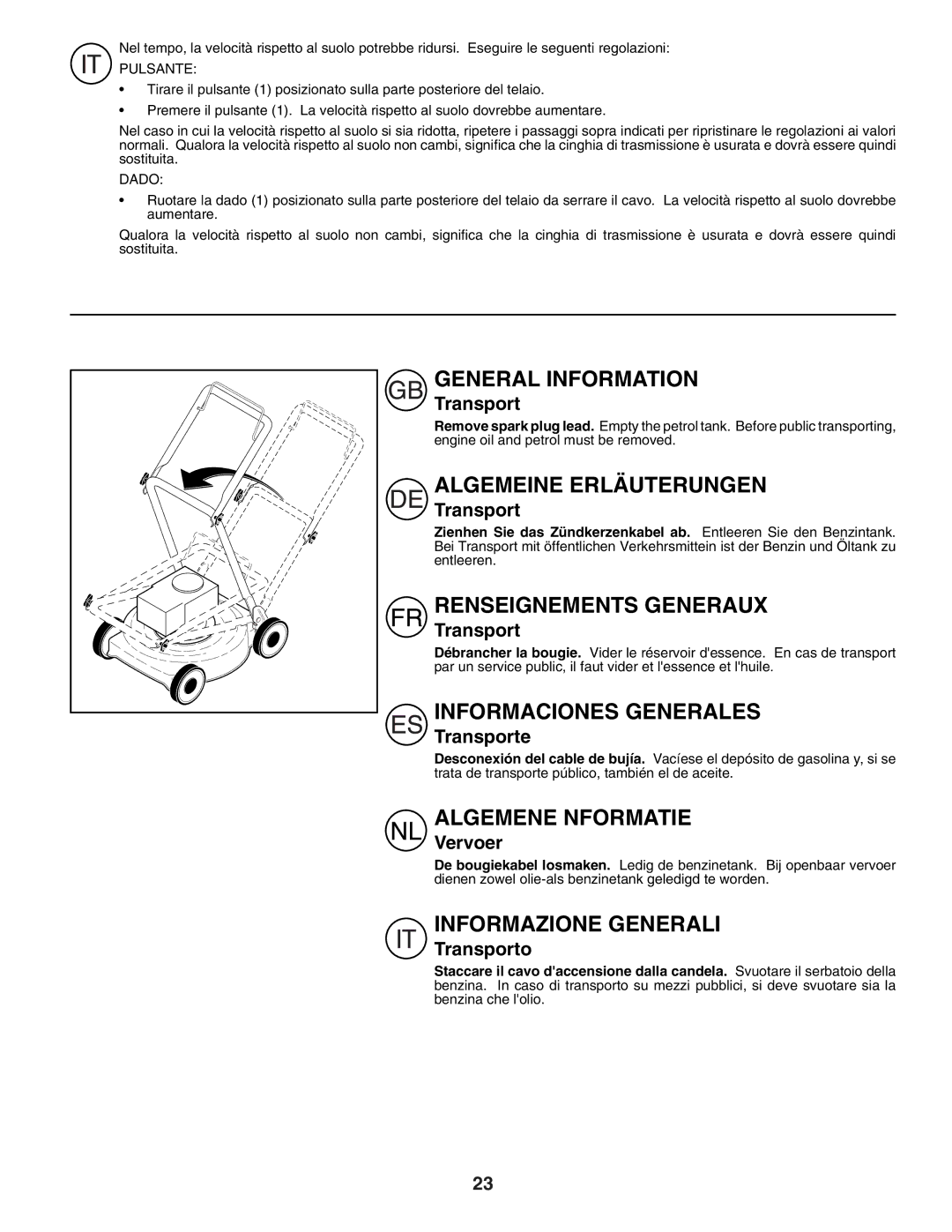 Husqvarna R152SVSW instruction manual Transporte, Vervoer, Transporto 