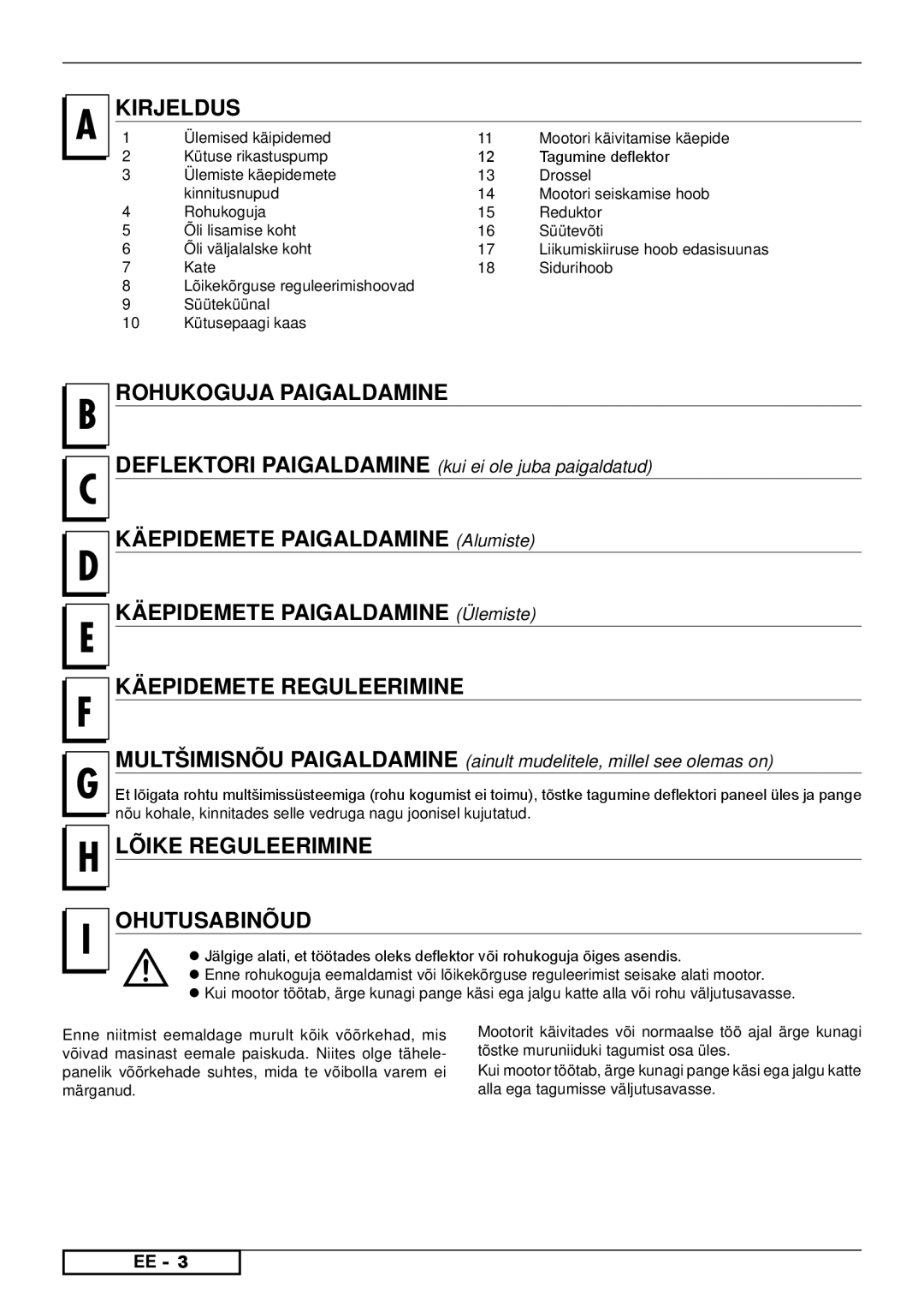 Husqvarna R150SV, R153SV Kirjeldus, Rohukoguja Paigaldamine, Käepidemete Reguleerimine, Lõike Reguleerimine Ohutusabinõud 