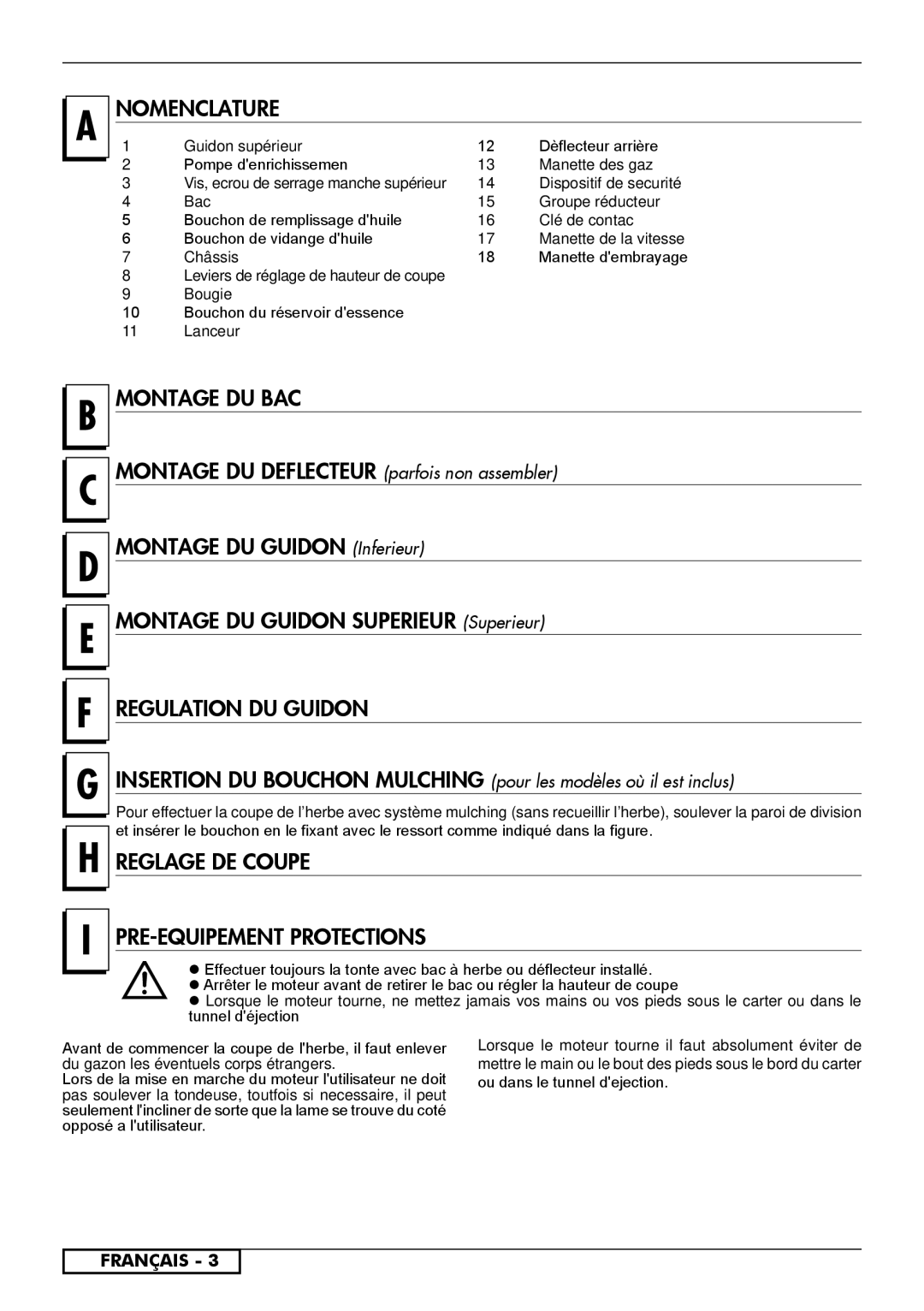 Husqvarna R151S, R153SV Nomenclature, Montage DU BAC, Regulation DU Guidon, Reglage DE Coupe PRE-EQUIPEMENT Protections 